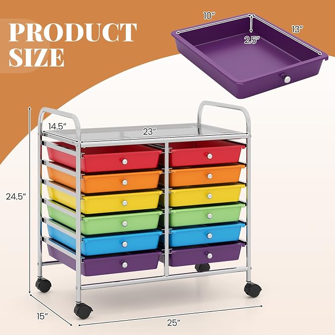 COSTWAY 12-Drawer Rolling Storage Cart, Utility Storage Organizer Cart for Tools, Scrapbook, Paper, Craft, Multipurpose Art Supply Organizer on Wheels for Home Office School, Teacher, Multicolor