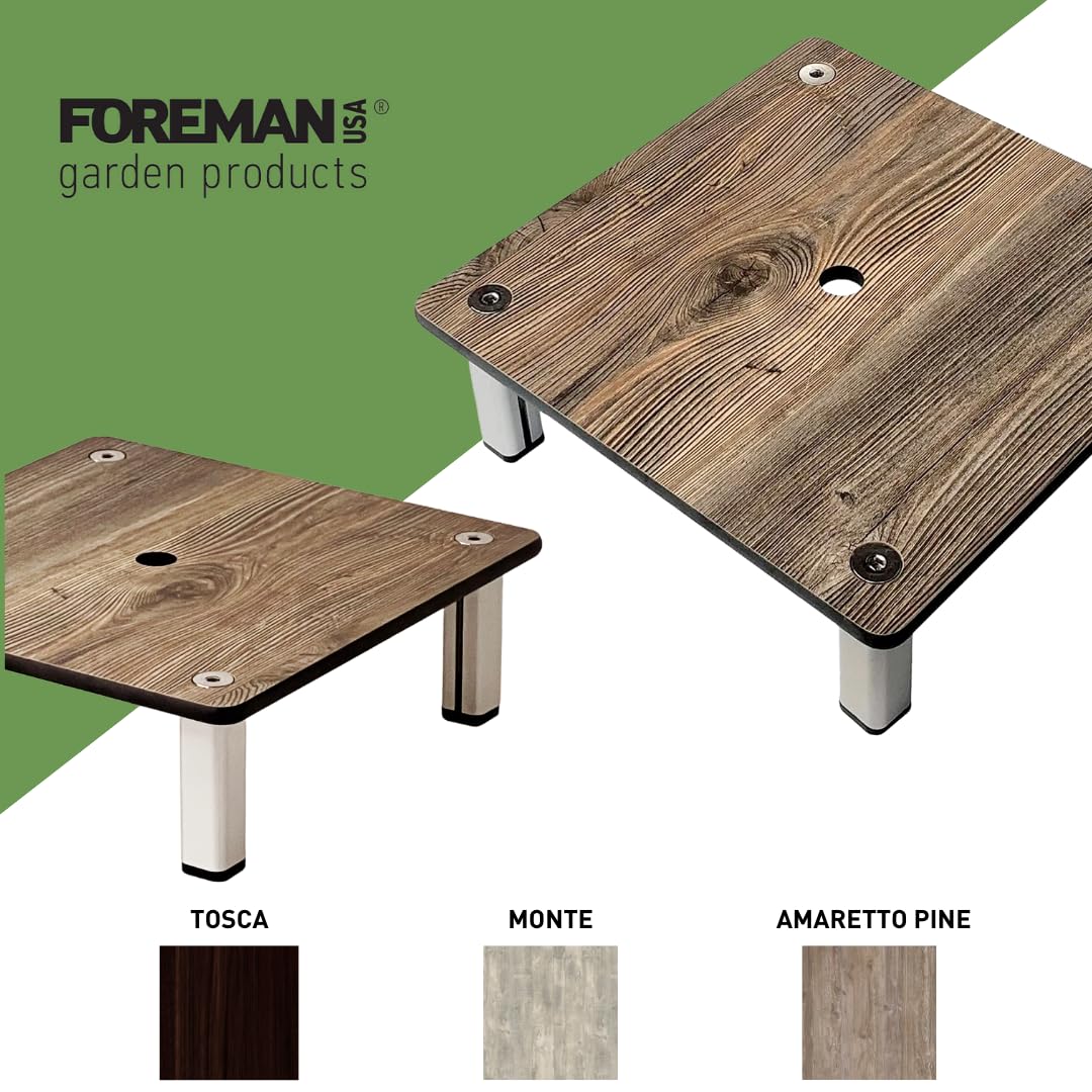 Foreman Potted Plant Stand with Legs (12"x12"x4") Indoor Outdoor Heavy Duty Versatile Use Weather Resistant Square Plant Support with 10 Year Warranty - Amaretto Pine Wood Grain Pattern