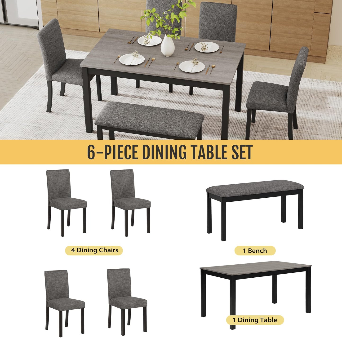 Zevemomo 6-Piece Solid Wood Dining Table Set, Including 1 Dining Table, 4 Upholstered Chairs and 1 Bench, Wooden Legs Dining Table Set for Dining Room, Kitchen, Restaurant, Dark Grey