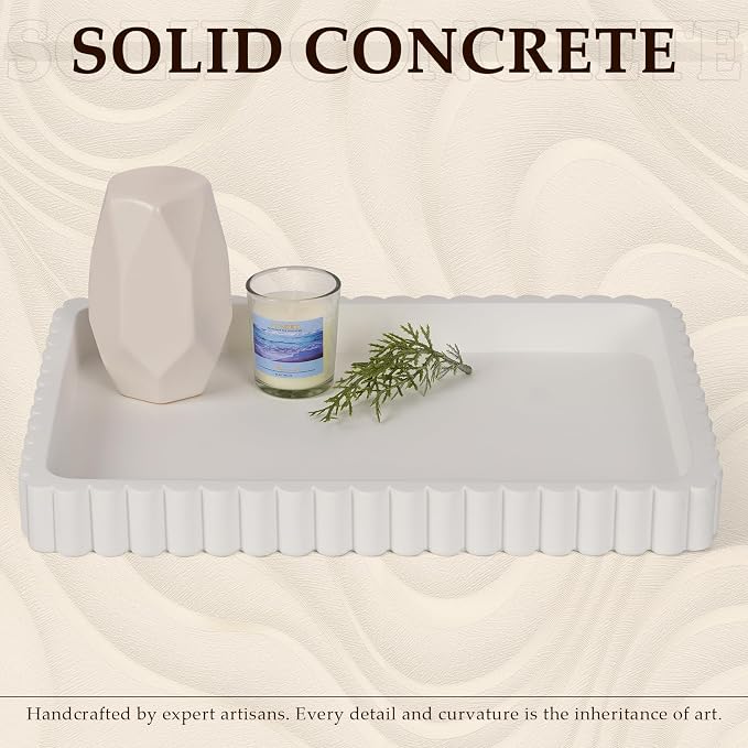 Concrete Decorative Tray for Coffee Table Decor, 14" Coffee Table Tray Ottoman Tray Table Centerpieces, Rectangular Modern Decorative Trays for Home Decor, Living Room, Entry, White