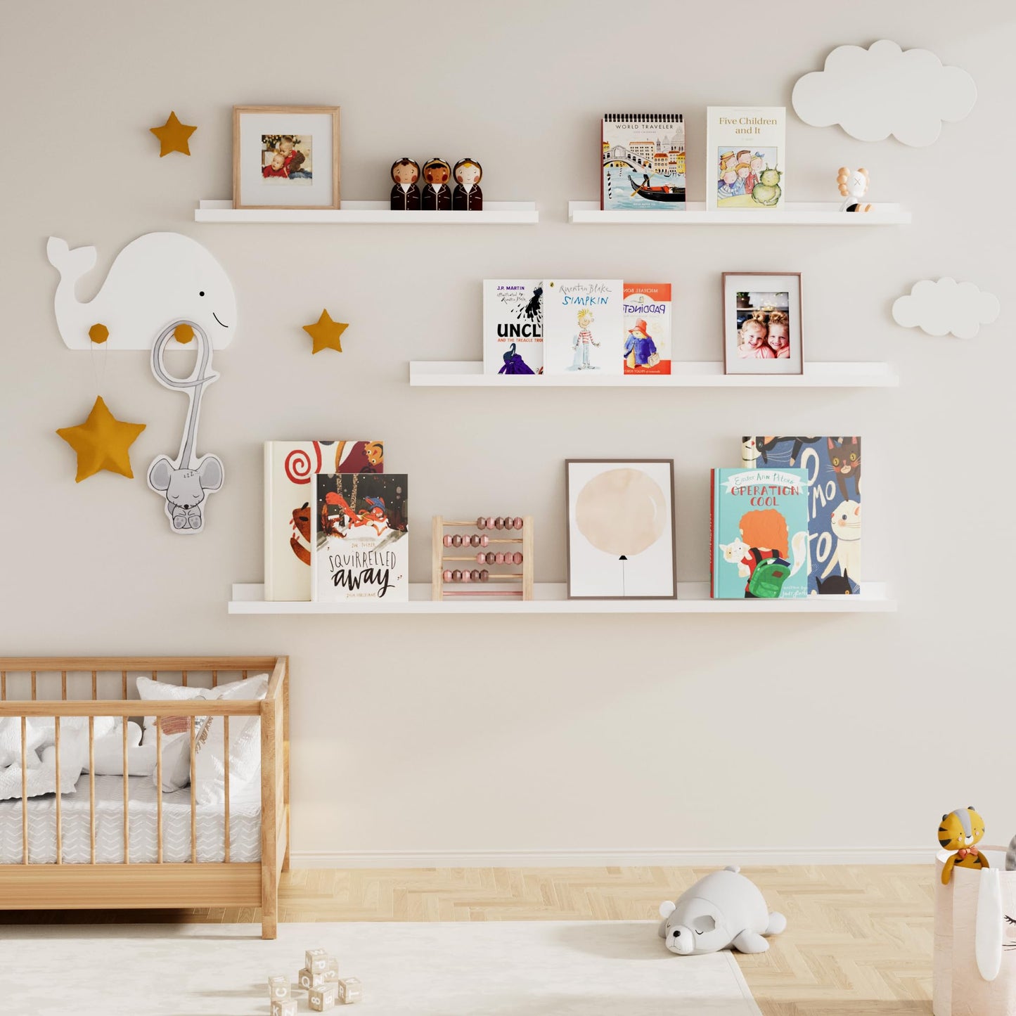 Fun Memories Picture Ledge Shelf for Wall, Floating Shelves Set of 4, 48 Inch Long Nursery Book Shelves for Toys Storage, Kids Bookshelf Wall Mounted for Books Photo Frames, White