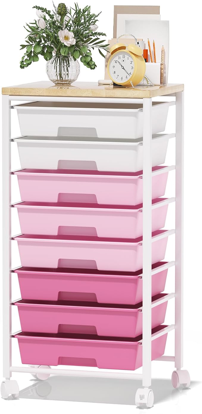 Rolling Cart with 8 Drawers, Storage Drawers Cart with Wooden Tabletop and Lockable Wheels, Craft Storage for Living Room, Office, Classroom, Craft Room, Bedroom