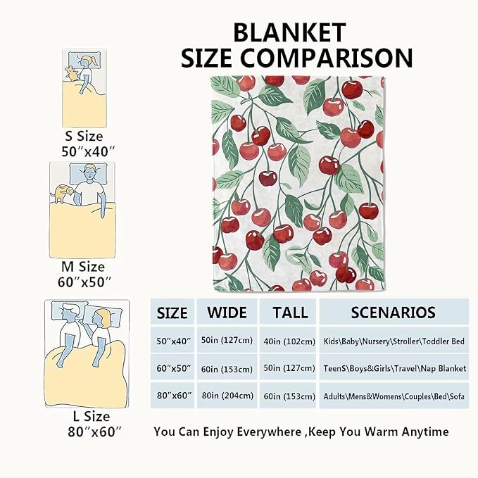 Cherry Blanket Fresh Red Fruit Throw Blankets with Green Leaves,Birthday Gifts for Kids Adult Women,Lightweight Soft Fleece,for Sofa Couch Bed Room Farmhouse Summer Decor 60x80in