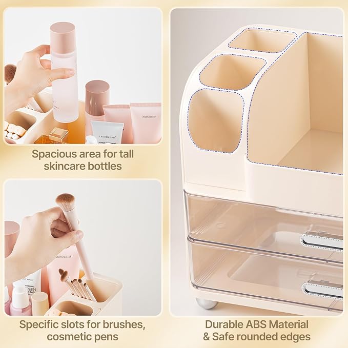 Makeup Organizer with Brush Holder, Makeup Organizer Countertop with 2 Drawers, Make up Organizers for Vanity, Vanity Organizer, Makeup Storage For Skin Cares,Makeup Brushes,Lipsticks,Perfumes(Cream)