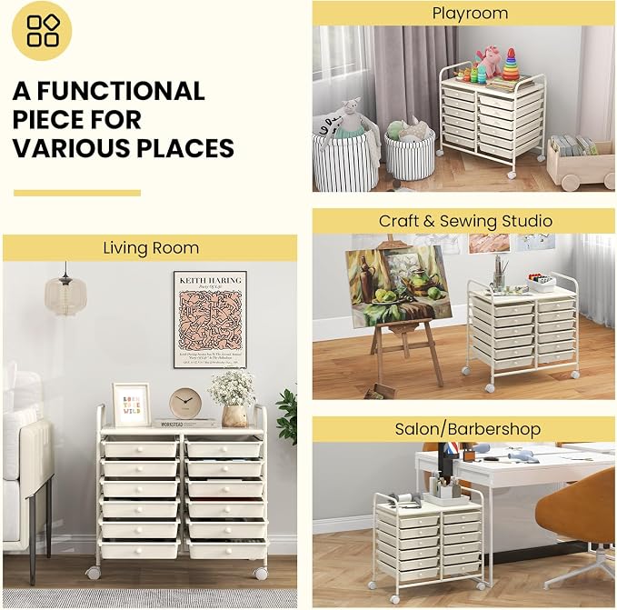 COSTWAY 12-Drawer Rolling Storage Cart, Utility Storage Organizer Cart for Tools, Scrapbook, Paper, Craft, Multipurpose Art Supply Organizer on Wheels for Home Office School, Teacher, Ivory White
