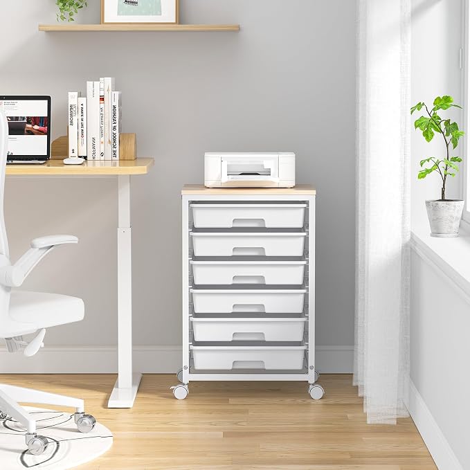 SYKIARIOL Rolling Cart with Drawers,Utility Cart with 6 Drawers,Rolling Storage Cart with Drawers and Wooden Tabletop & Lockable Wheel,White