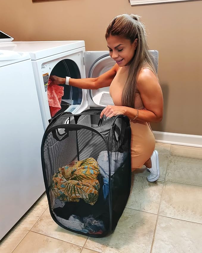 2 Pcs Strong Mesh Pop up Laundry Hamper,House Again Collapsible Laundry Basket with Durable Handles Solid Bottom High Carbon Steel Frame, Space-Saving, Easy to Open and Fold Flat for Storage(Black)