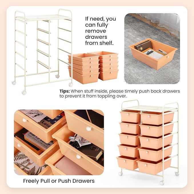 Giantex 10 Drawers Rolling Cart, Classroom Organizers, Storage Cart with Wheels, for Teacher Office Home School Supplies Tool Craft Art Paper, Peach Fuzz