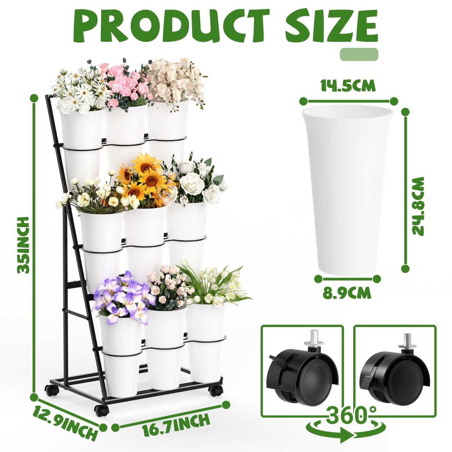 Invech Flower Display Stand with 9 Buckets and Wheels, 3 Tier Flower Cart Display Stand for Indoor Outdoor Garden, Wedding, Flower Shop (Black)