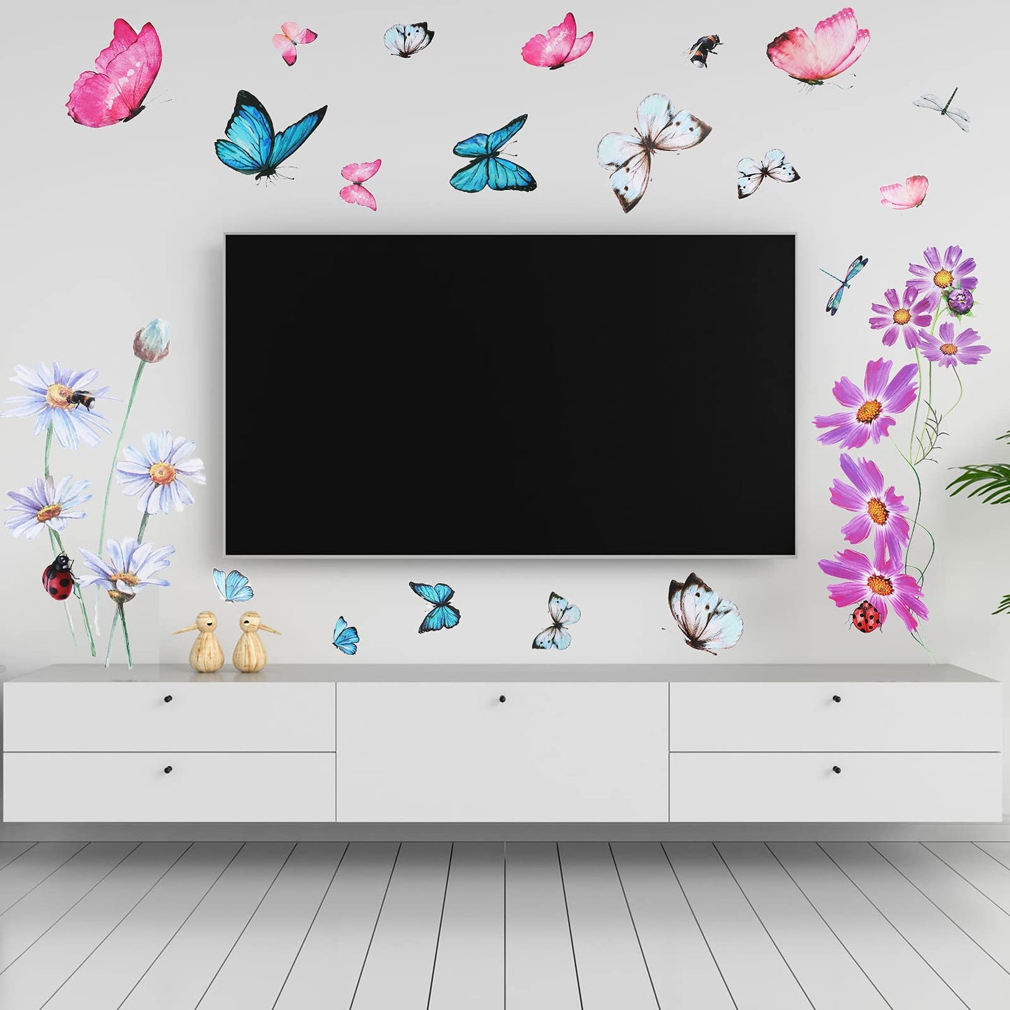 Zonon 64 Pcs Flowers and Butterflies Wall Decals, Wildflower Butterfly Dragonflies Decals for Wall, Removable PVC Garden Peel and Stick Walls Stickers Murals for Nursery Bedroom Office Decor(Red)