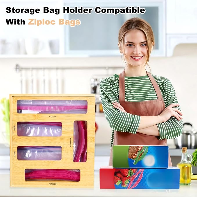 Bag Storage Organizer Compatible with Ziploc | Gallon, Quart, Sandwich & Snack Sized Slider Bags,Bamboo Organizer For Drawer,13.7"L*11.8H"*3.1W"