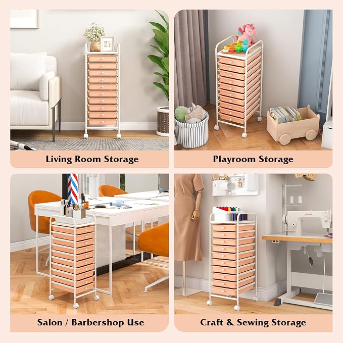 COSTWAY 10-Drawer Rolling Storage Cart, Utility Mobile Trolley with Removable Drawers & Universal Casters & 2 Brakes, Versatile Flexible Drawer Organizer Cart for Home, Office, Peach