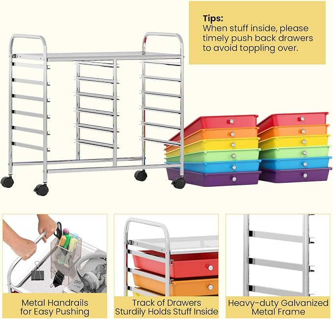 Giantex 12 Drawers Rolling Cart, Mobile Storage Drawer Cart, Classroom Organizer Cart for Office School Supplies Tools Scrapbook Paper Craft Small Printer, Utility Cart on Wheels, Multicolor