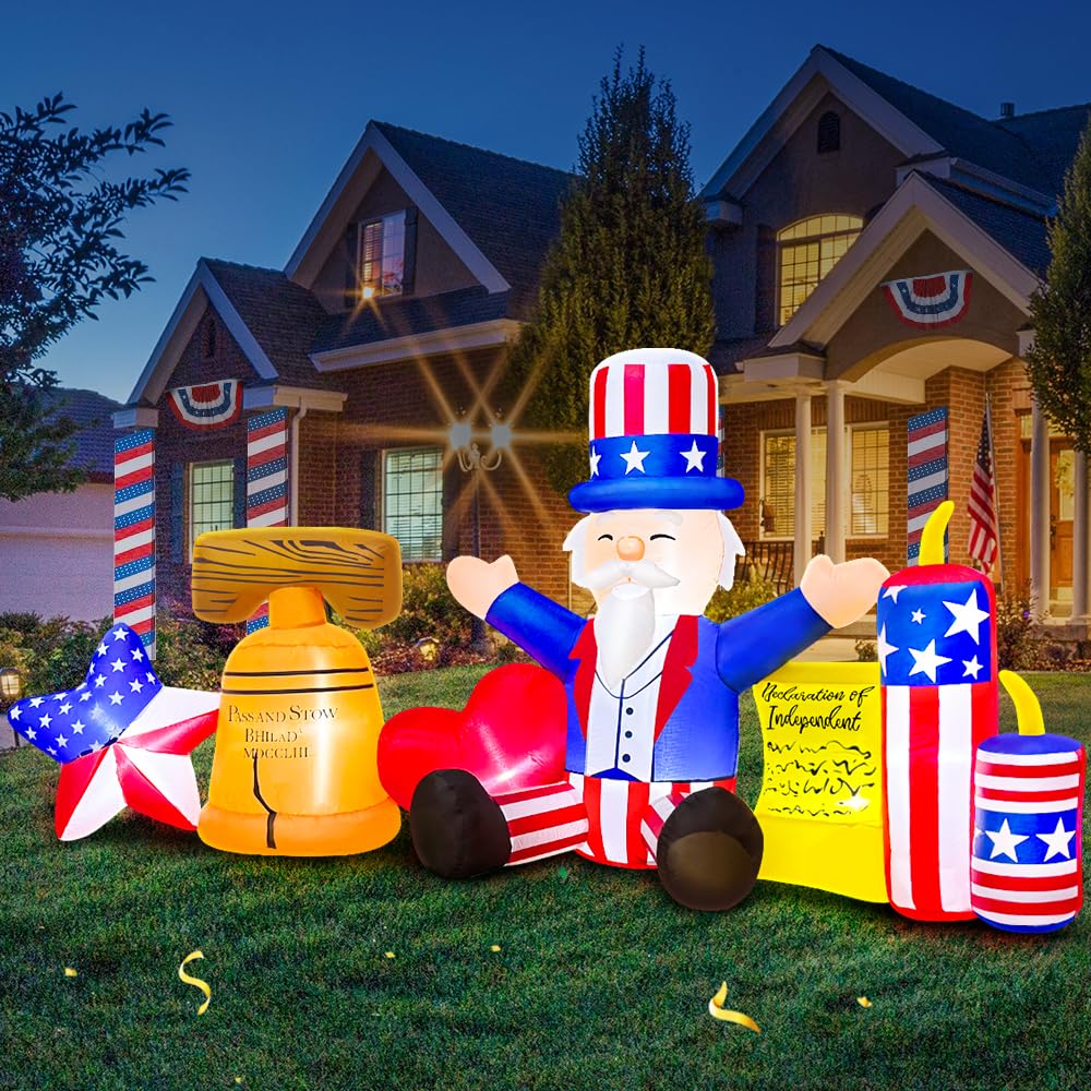 8FT Patriotic Independence Day 4th of July Inflatables Outdoor Decoration, Inflatable Uncle Sam Comboine, Built in LED Lights Blow up Fourth of July Decor for Holiday Party Garden Yard Lawn