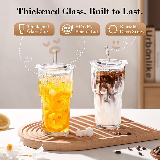 GOSCHE 20oz Glass Tumblers with Straws and Lids, Ribbed Iced Coffee Cups Leak-proof, Dishwasher Safe, Thickened Glass Cups with Lids Ideal for Coffee and Travel, Clear, 4 Pack