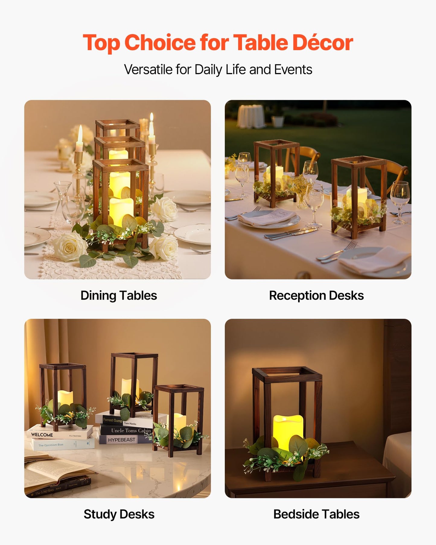 VEVOR 12 Set/36 Pcs Wooden Wedding Lantern Centerpiece, Includes 12 Wooden Lantern Candle Holder 12 Flameless LED Candle 12 Eucalyptus Leaves Wreath for Wedding Table Party Farmhouse Decor, Brown