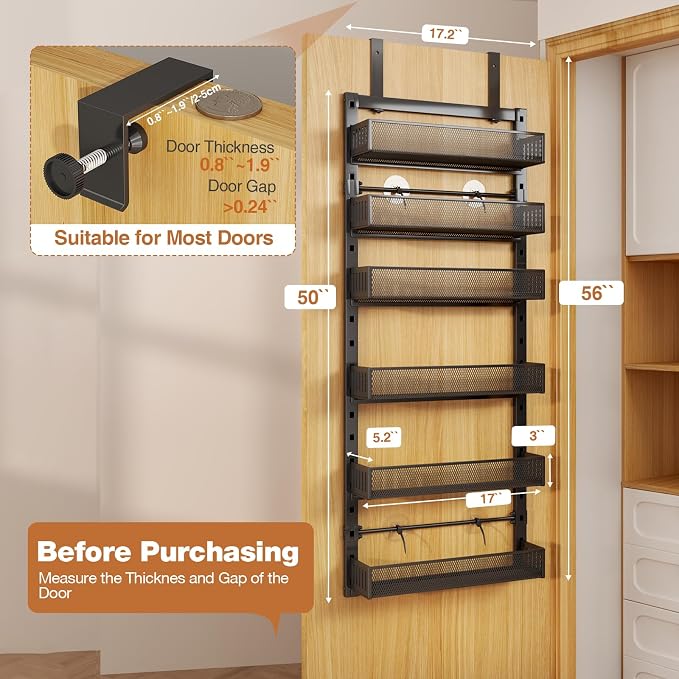 Pantry Door Organizers and Storage, 6-Tier Large Metal Heavy-Duty Frame Over the Door Spice Rack, 2 in 1 Wall-Mounted or Hanging shelf for Kitchen, Bathroom, Laundry Room, Bedroom, Closet &Nursery