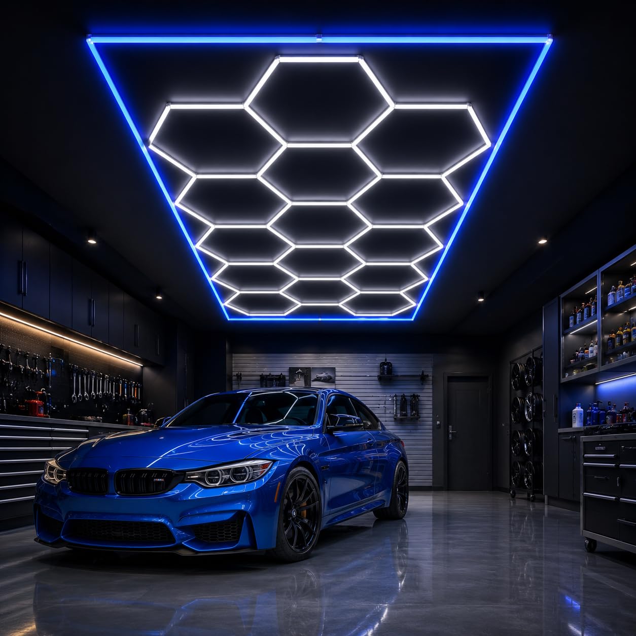 Hexagon Garage Lights 6500K, 15-Grid Honeycomb LED Garage Light with Blue Border, 84 Tubes 71400LM 660W Ceiling Shop Lights for Car Detailing, Workshop, Gym, Warehouse, Basement