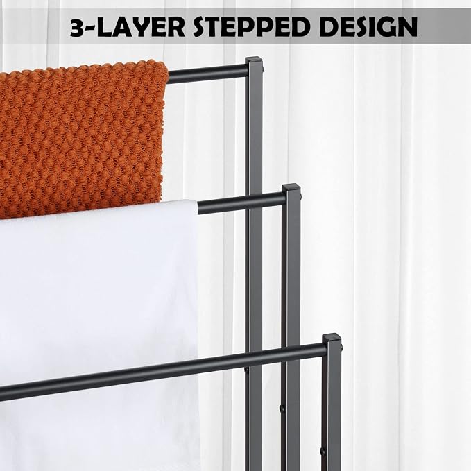 Freestanding Towel Rack, 3 Tier Blanket Ladder Holder with Rustic Brown Wooden Shelf, Industrial Display & Drying Stand Storage Rack with Non-Slip Feet for Living room, Bathroom, 17.1"L*11"W*32.3"H