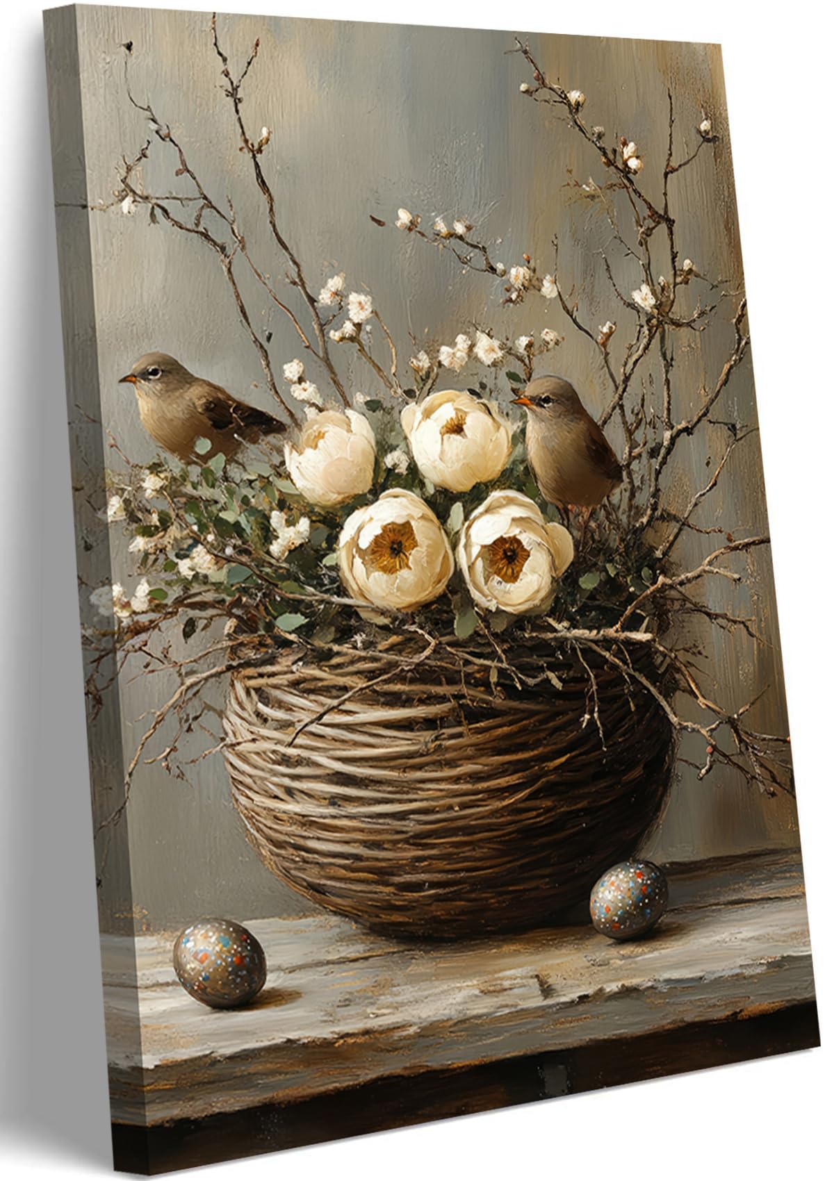 HKMXCD 1Pcs Birdie Canvas Wall Art Flower basket with bird Print Country style pictures Retro Farmhouse painting Artwork birds Wall Decor for Living room bedroom kitchen home decoration 12x16in