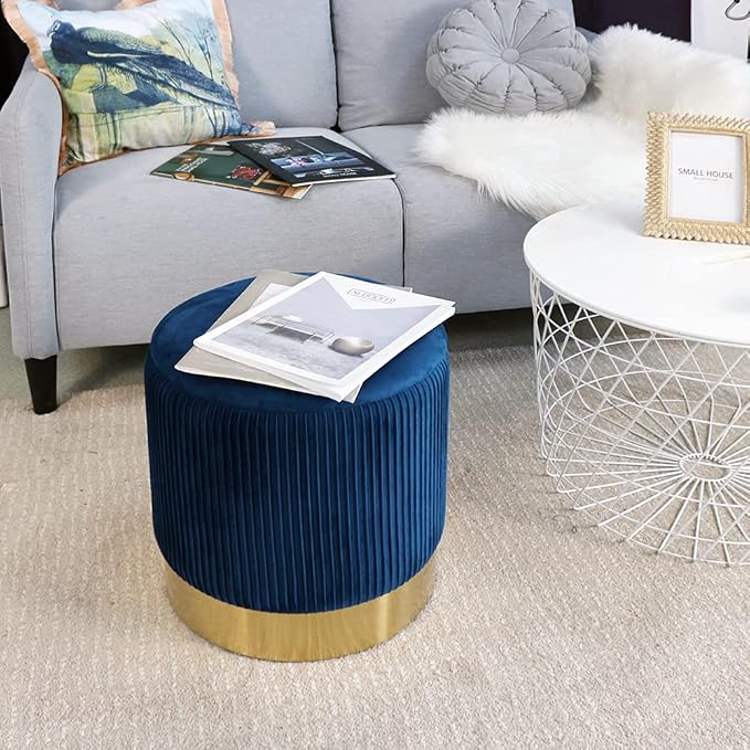 YYW HOME Navy Round Ottoman with Storage Set of 2 Vanity Stool Foot Rest with Removable Lid White Velvet Storage Ottoman Stool for Living Room and Dorm
