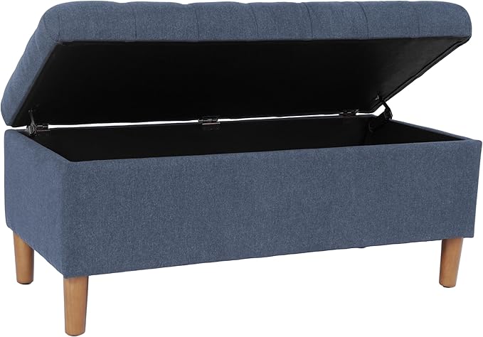 Homepop Home Decor | Tufted Ainsley Button Storage Ottoman Bench with Hinged Lid | Ottoman Bench with Storage for Living Room & Bedroom, Blue Woven