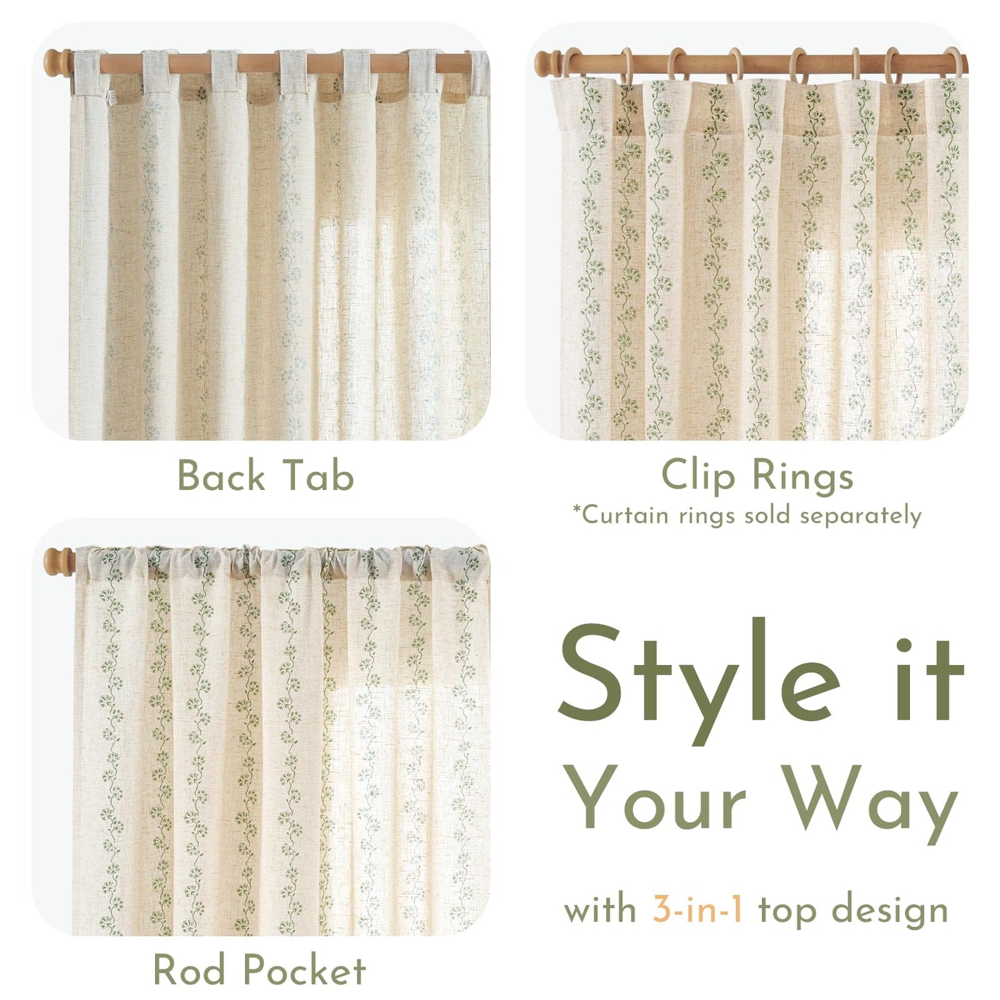 Lazzzy Cathy Linen Floral Curtains for Living Room 84 inch Length 2 Panels Set 7 ft Farmhouse Printed Curtains for Bedroom Spring Decor for Window W50 x L84 Sage Green on Linen