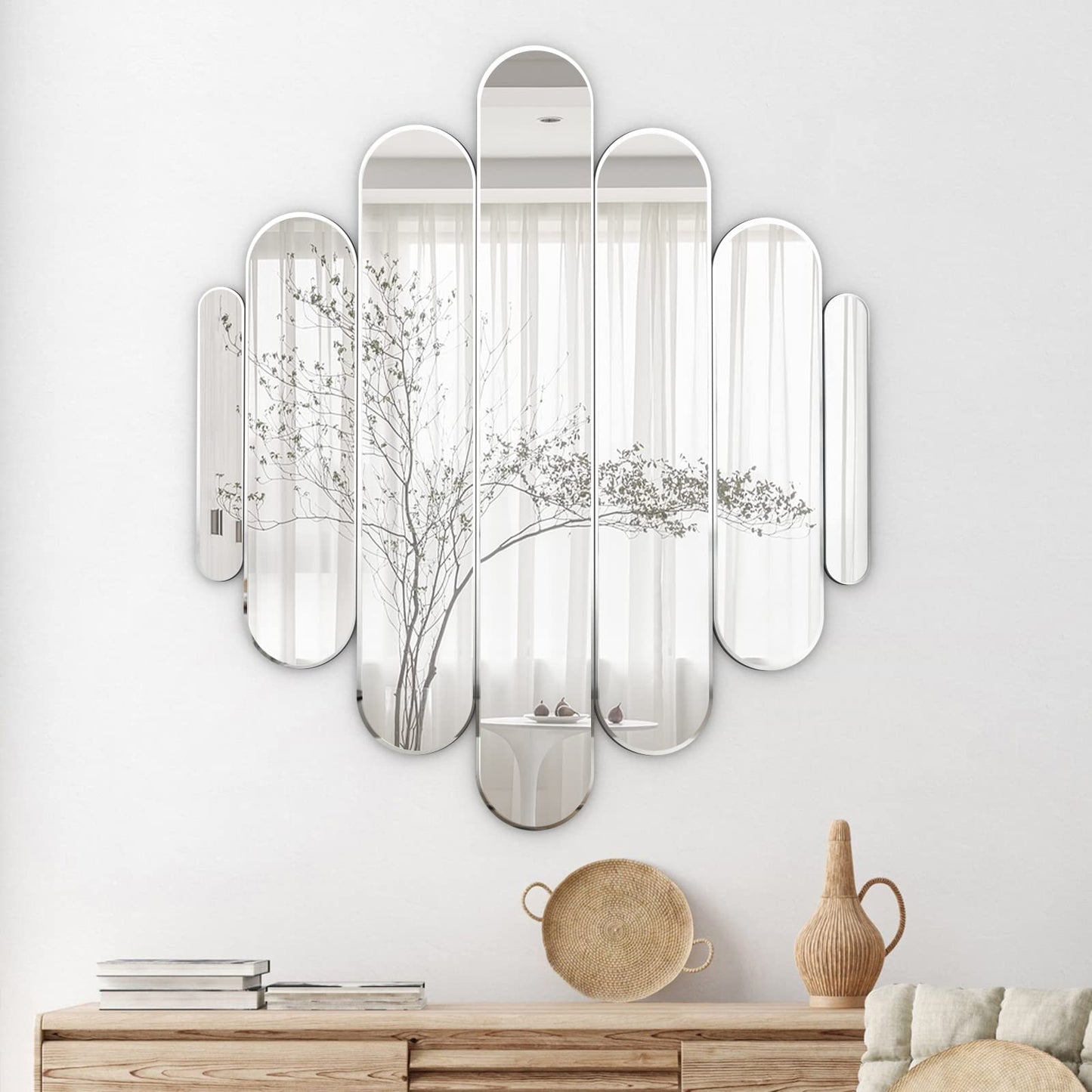 osemy 32" x 28" Elegant Frameless Cluster Arched Wall Mirror Aesthetic Modern Decorative Real Glass Wall-Mounted Mirrors for Living Room Bedroom Entryways Home Decor