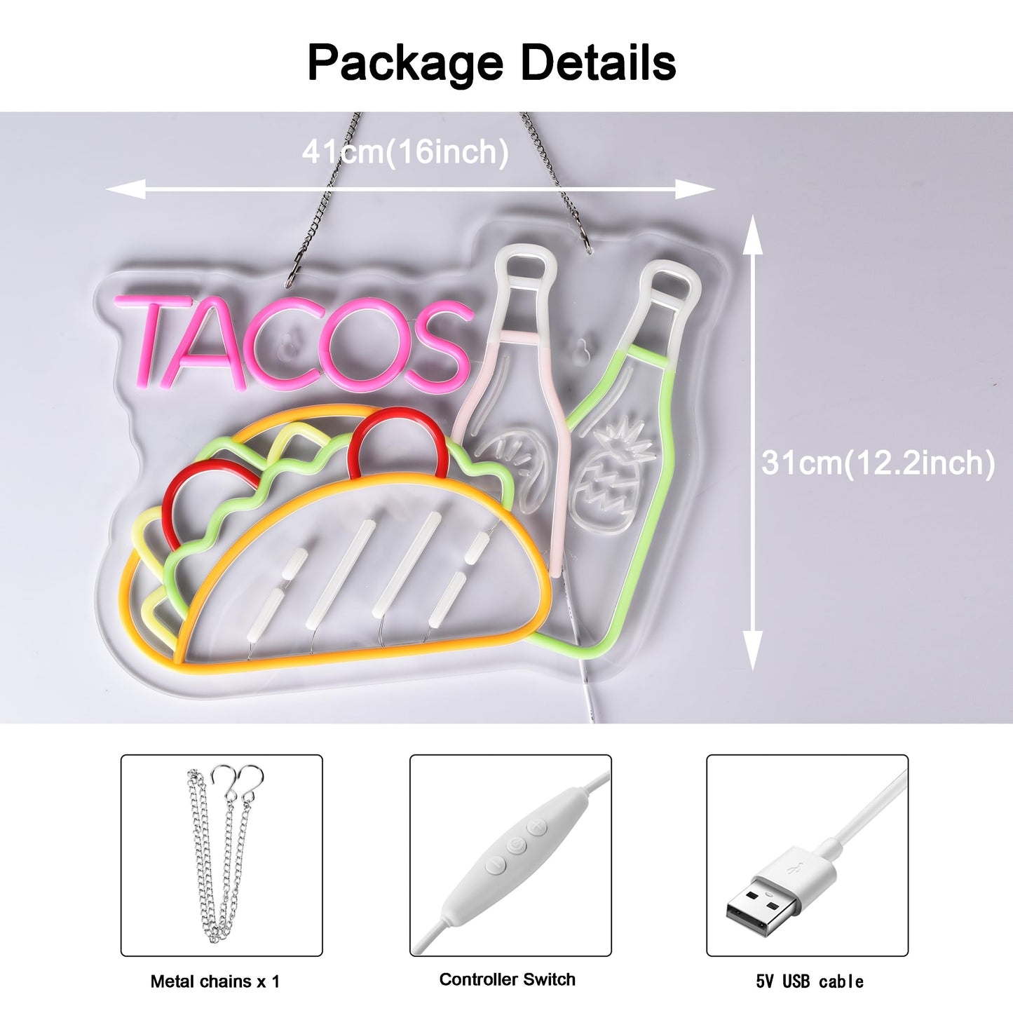 JOMOSPO Tacos Neon Sign, Neon Lights Hanging Wall Art Decoration for Business Mexican Restaurant Fast Food Shop/Truck, Bar, Pub, USB Powered Ultra Bright Dimmable, 16.1 * 12.2 inches