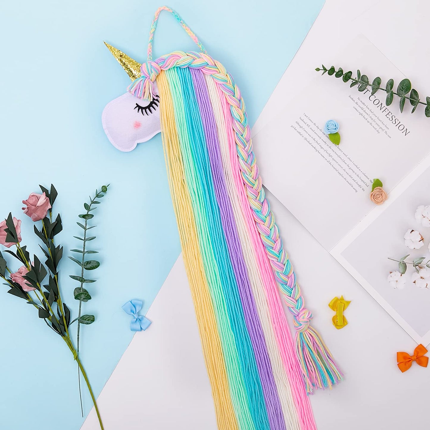 Basumee Unicorn Hair Bow Holder for Girls Wall Hanging Decor and Baby Hair Clip Hanger Organizer, Rainbow