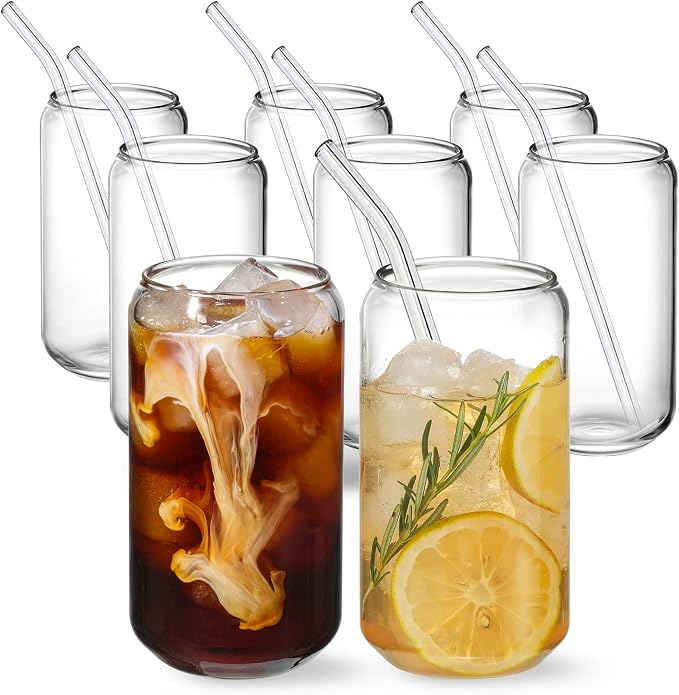 NETANY [ 8pcs Set ] Drinking Glasses with Glass Straw - 16oz Glass Cups, Beer Glasses, Iced Coffee Glasses, Cute Tumbler Cup, Ideal for Whiskey, Soda, Tea, Water, Gift - 2 Cleaning Brushes