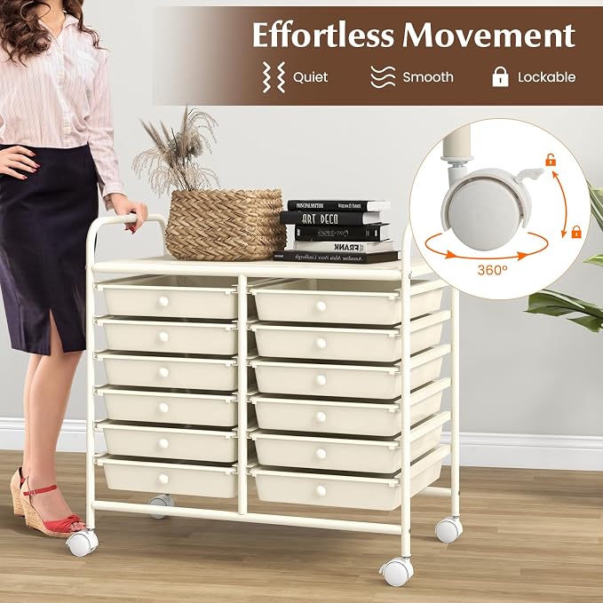 COSTWAY 12-Drawer Rolling Storage Cart, Utility Storage Organizer Cart for Tools, Scrapbook, Paper, Craft, Multipurpose Art Supply Organizer on Wheels for Home Office School, Teacher, Ivory White