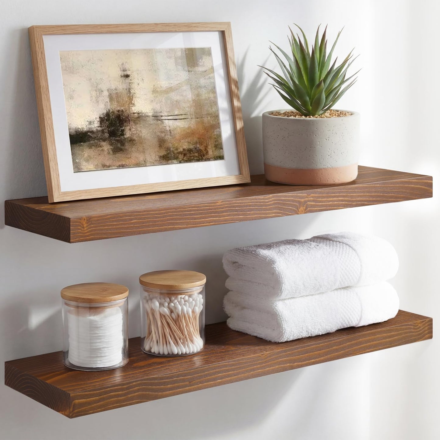 Homeforia Classic Walnut 24 inch Floating Shelf, High End Solid Real Wood Small 24inch Floating Shelves for Wall Mounted, 24in Floating Shelves, Heavy Duty Bracket, 24 X 6.5 X 1.75 inches, Set of 2