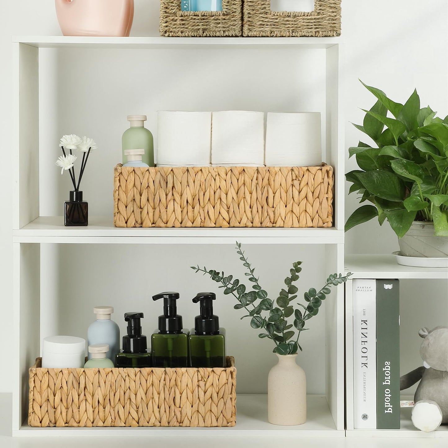 Graciadeco Nesting Small Wicker Basket, Water Hyacinth Toilet Paper Baskets Bathroom Organizer Woven Long Narrow Baskets for Organizing Pantry Bathroom Toilet Tank, 2 Pack