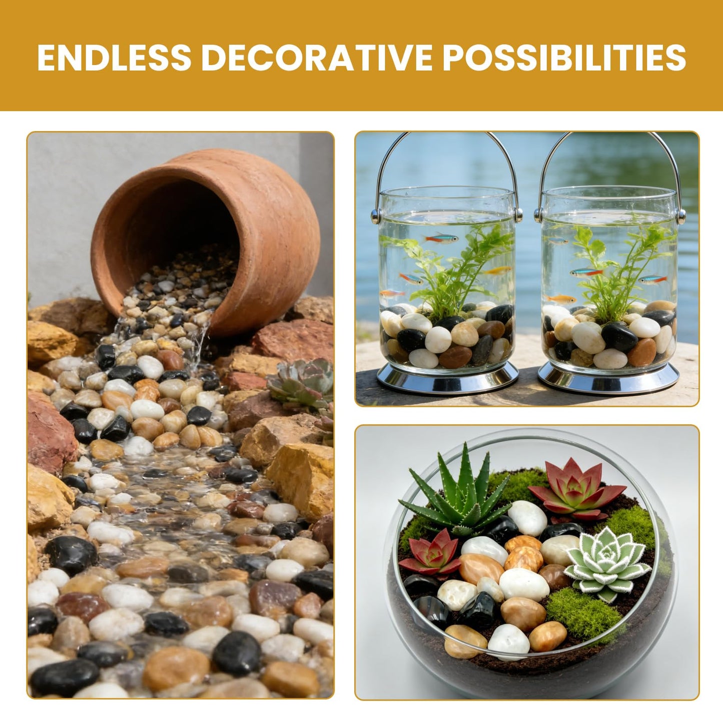 Mengdewei 1-2 Inch Polished River Rocks, Decorative Stones for Indoor Plants, Vase Filler, Fish Tank & Aquarium, Garden Landscaping, Mixed, 6LB