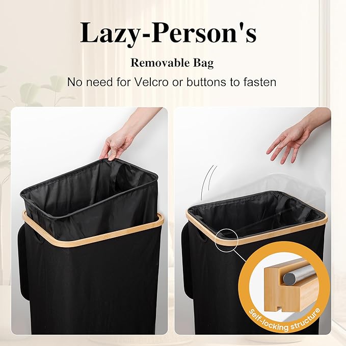 Foluck Large Laundry Hamper, 75L Waterproof Laundry Basket with Lid and Removable Bag, Collapsible Tall Clothes Hamper with Bamboo Handles for Clothes Toys in Dorm Bedroom Bathroom, Black