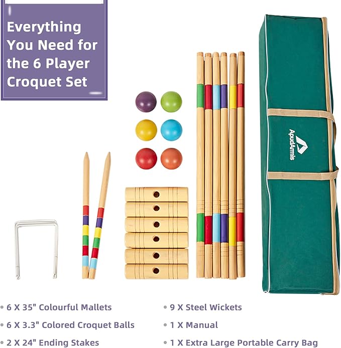 ApudArmis 35In Six Players Croquet Set with Deluxe Premiun Pine Wooden Mallets,Colored Ball,Wickets,Stakes - Lawn Backyard Game Set for Adults/Teens/Family (Large Carry Bag Including)