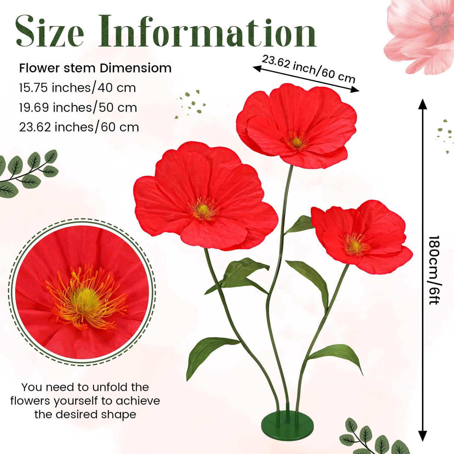 Rivvlive 6ft Red Giant Flowers for Decoration with Stand, Large Artificial Silk Poppy, Handcrafted Large Flower for Garden Wedding Party Photography Props Hotel Office Art Gallery Window Display