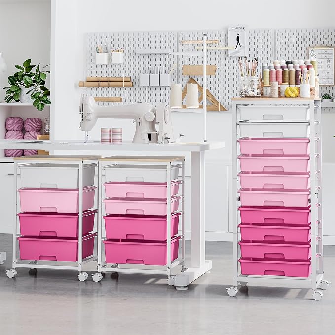 SYKIARIOL Rolling Cart with Drawers,10 Drawer Rolling Cart,Storage Cart,Utility Cart,Teacher Cart for Classroom Storage,Craft Cart with Wheels and Wooden Tabletop,Pink