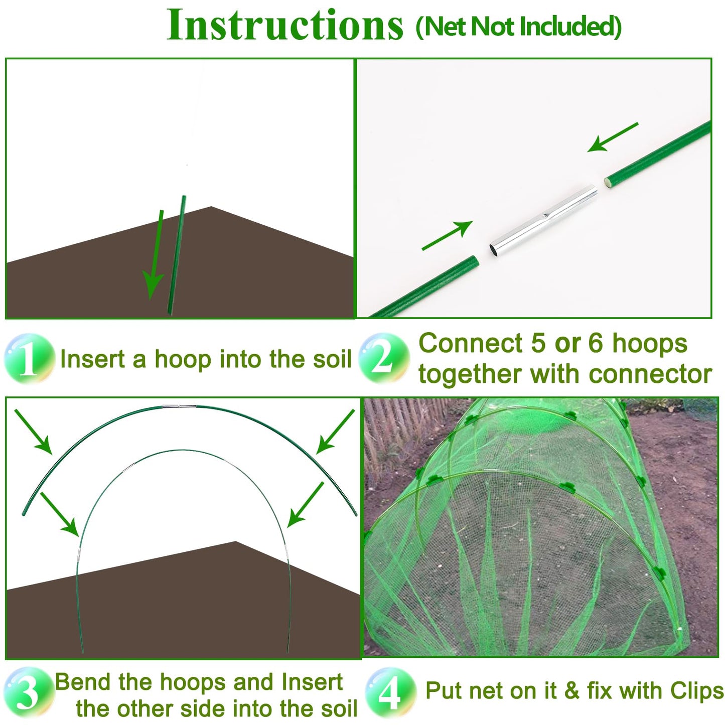 WYRJXYB 60Pcs Greenhouse Hoops Grow Tunnel Wide, 8FT Rust-Free Fiberglass Support Garden Hoops Kit for Raised Beds Plant Cloth Row Cover Netting-DIY Plant Support Garden Hoop for Netting-40Pcs Clips
