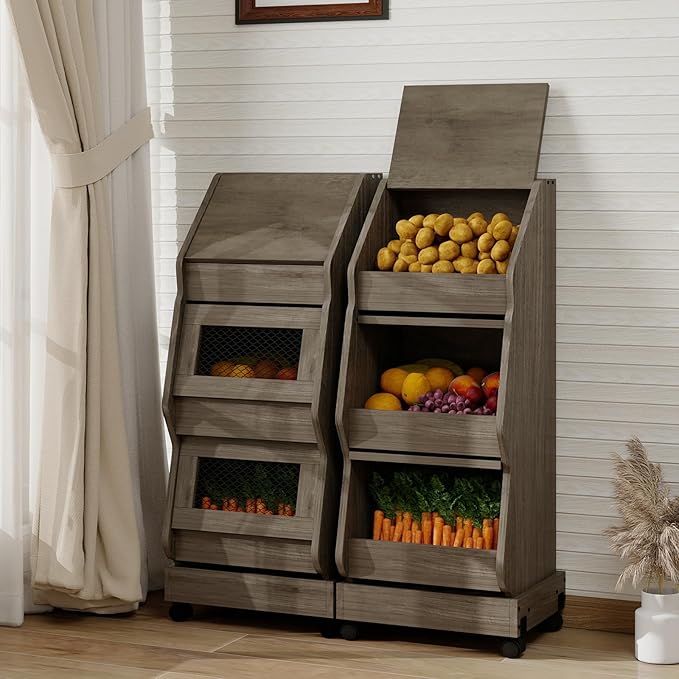 ARTETHYS Potato and Onion Storage Bin with Wheels Gray Movable Bread Box with Lid Onion Organizer with Grocery Section Decorative Vegetable Organization Cabinet for Kitchen