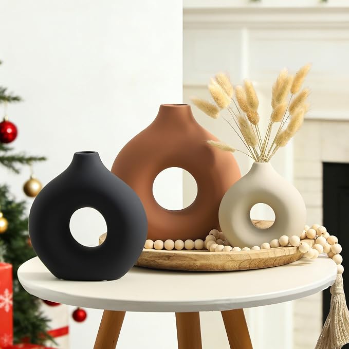 Vanselia Ceramic Vase Home Table Decor - Flower Vases Set of 3 Small Living Room Centerpiece Decorations for Shelf Bedroom Office Kitchen Dining Desk Modern Aesthetic Farmhouse Decorative (Rust)