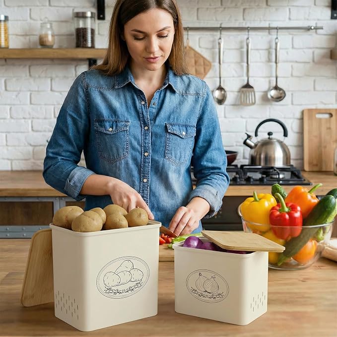 Lifewit Onion and Potato Storage Bin with Aerating Holes and Lid, Stackable Garlic Keeper, Plastic Vegetable Container Box for Kitchen, Beige, Set of 2