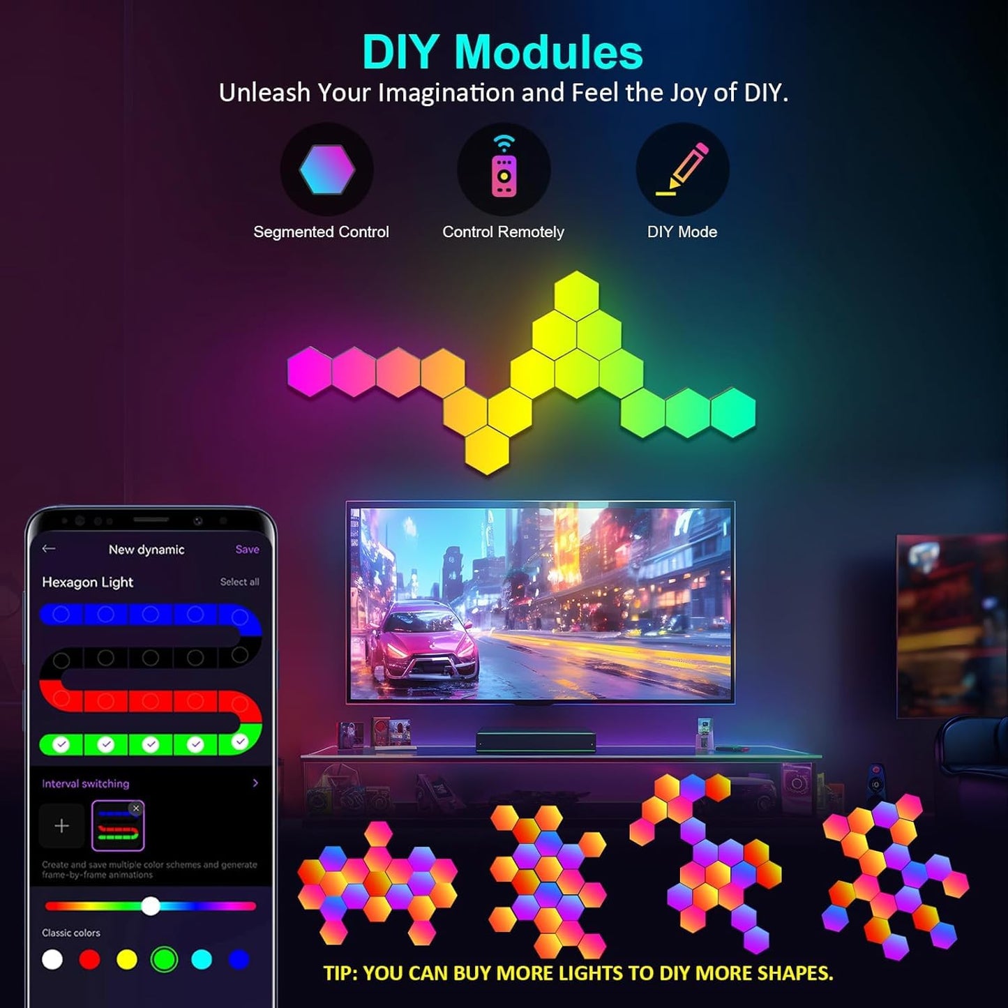 Kangtaixin Hexagon LED Lights 12 Pack - RGB Wall Panels with Music Sync, Smart App & Remote Control, DIY Modular Hex Light for Gaming Room, Bedroom, Living Room, Wall Decor