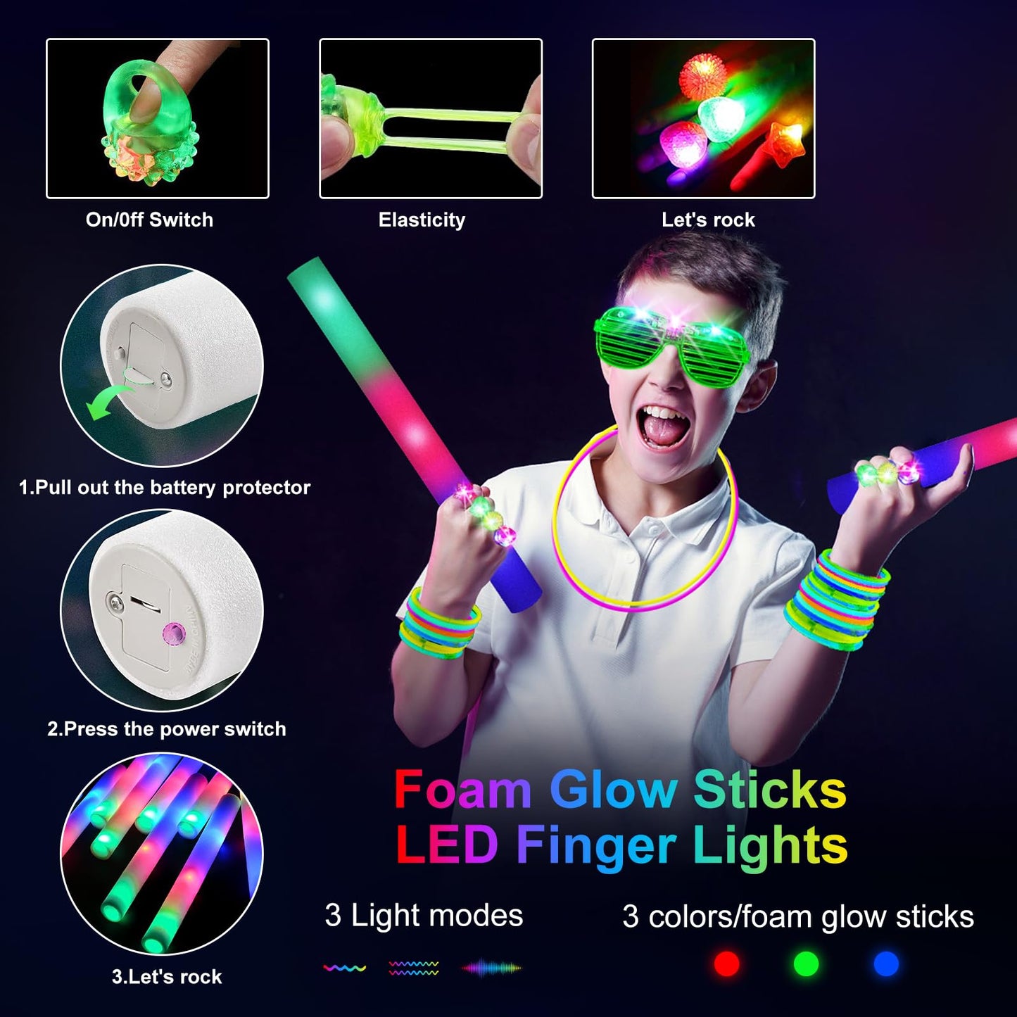OLUPP 150 PCS Glow in the Dark Party Supplies, 16 Foam Sticks, 16 LED Glasses, 100 Glow Sticks and 18 Finger Lights for Neon Party, Wedding, Birthday, Concert, New Year, Carnivals, Raves