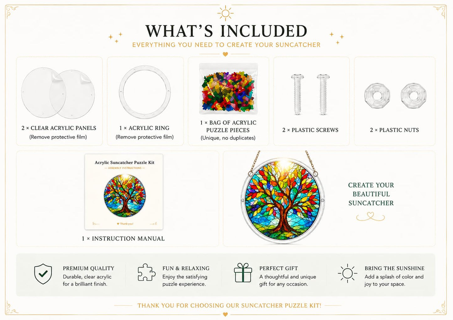 Stained Glass Tree of Life Suncatcher - Acrylic Jigsaw Puzzle Kit for Adults - Window Hanging Decor with 11 Unique Blessing Pieces - Rainbow Maker Memorial Gifts, Garden Art (9in)