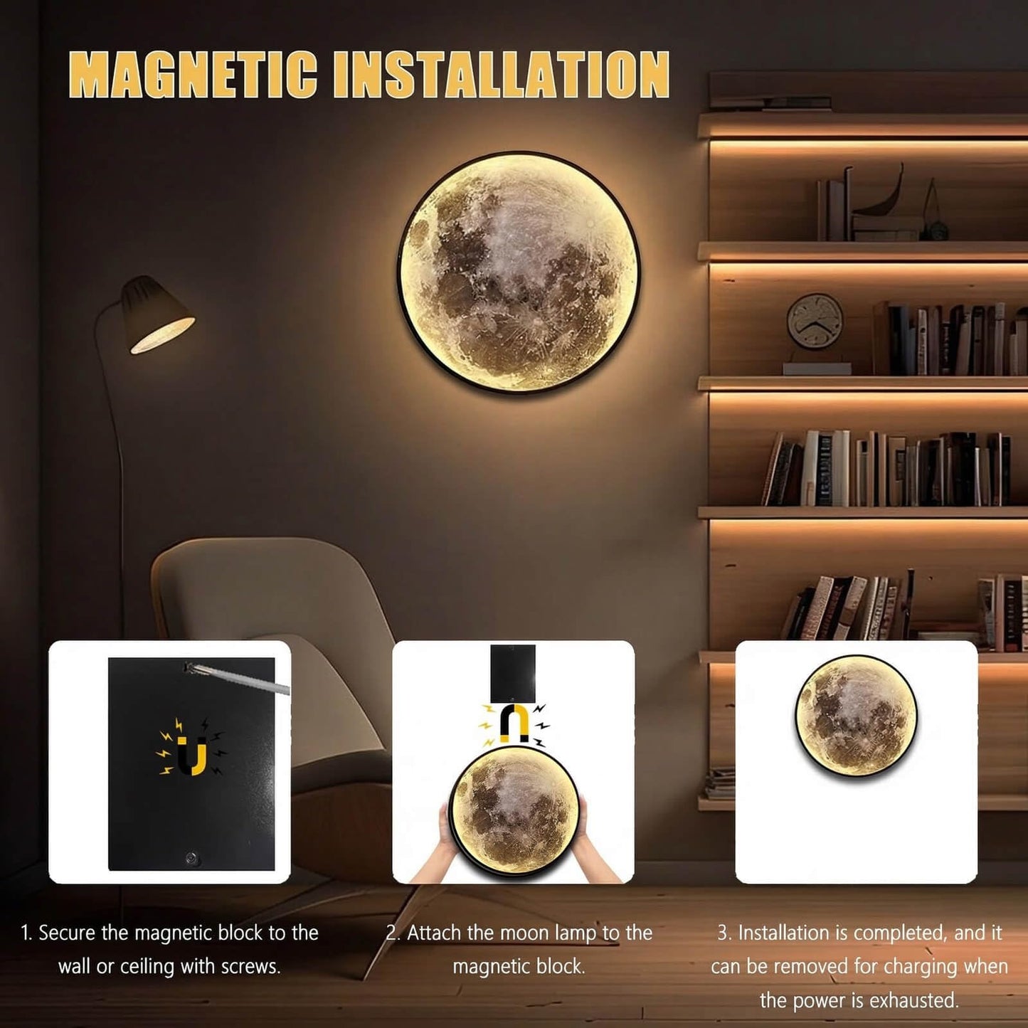 Dimmable Moon Wall Lamp, Rechargeable Battery Operated Wall Sconce Moon Lights with Remote, 3 Color Indoor Wall Mounted Lighting Ceiling Light for Living Bedroom Birthday Christmas Gift - 12 inch