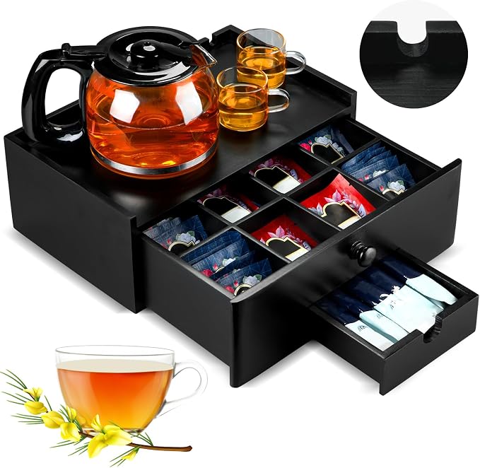 Cinnvoice Tea Bag Organizer Wood Tea Organizer Storage Box 8 Compartments Container Holder with Lid to Storage and Keep Fresh(Black)