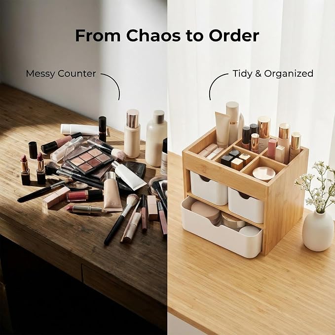 Bamboo Makeup Organizer with 3 Drawers, Dresser Cosmetic Organizer Box,Bamboo Desk Organizer for Home with Adjustable Dividers