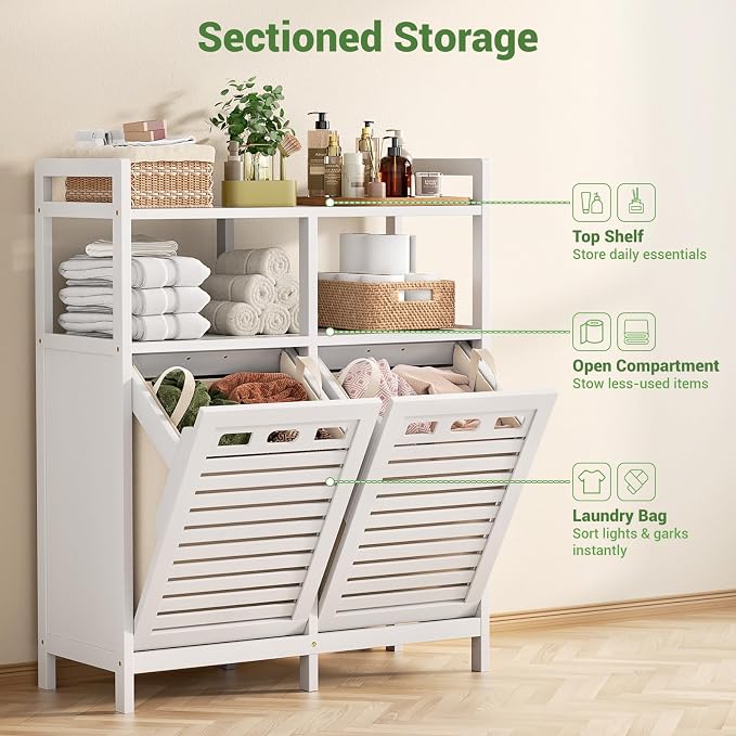 Homykic Tilt Out Laundry Hamper Cabinet, Bamboo Double Laundry Hamper with 2 Removable Laundry Baskets, 20 Gal Laundry Sorter Organizer with Shelf for Dirty Clothes, Bathroom, Laundry Room, White